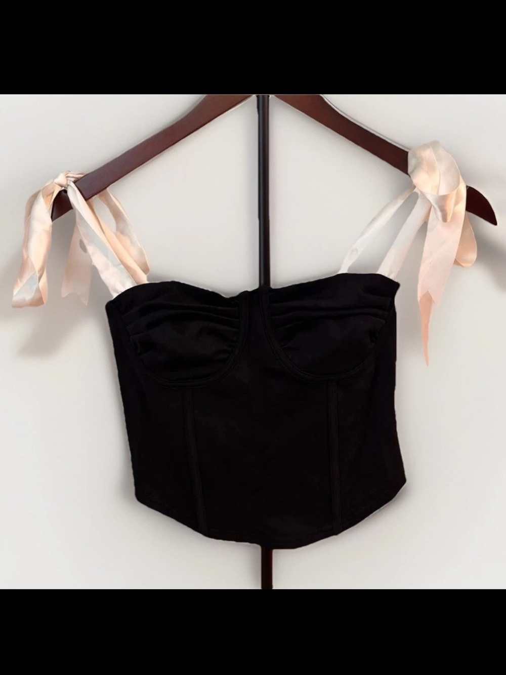 Pretty Garbage Bella Corset Top Black Ivory Bow Strap Bustier Crop S